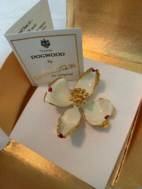 Vintage Cerrito dogwood flower brooch white enamel petals gold center red accent